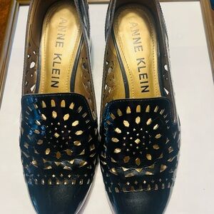 Anne Klein Black Laser-Cut Loafers with Gold Insole